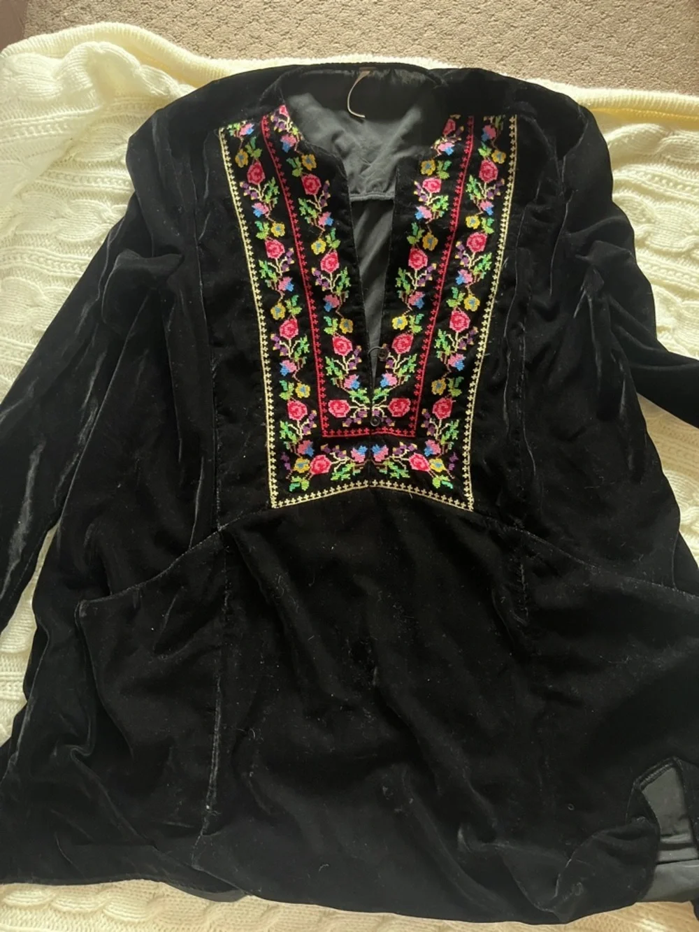 Free People Black Velvet Tunic with Colorful Floral Embroidery